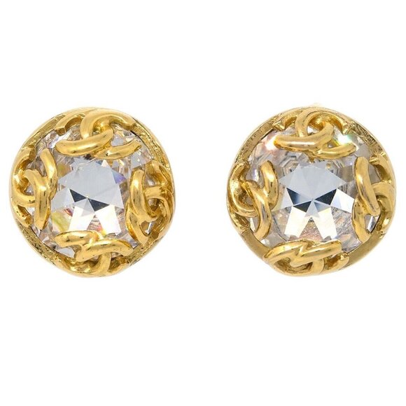 Auth Chanel Gold Button Earrings Clip-On Rhinestone - Picture 6 of 9
